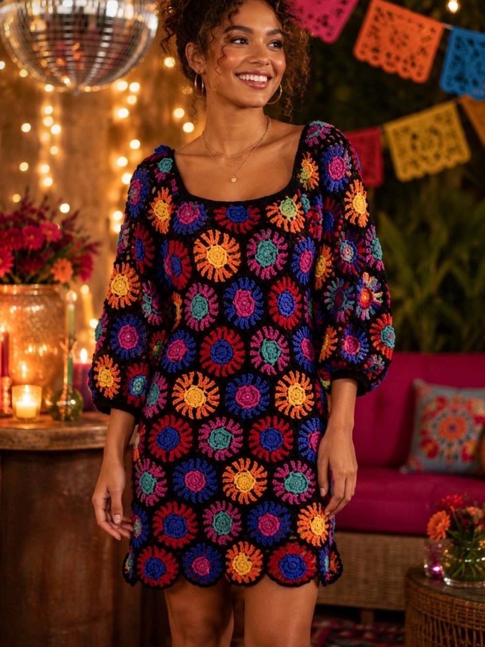 FARM Rio Black Crochet Mini Dress with Multicolored Sunburst Motifs
